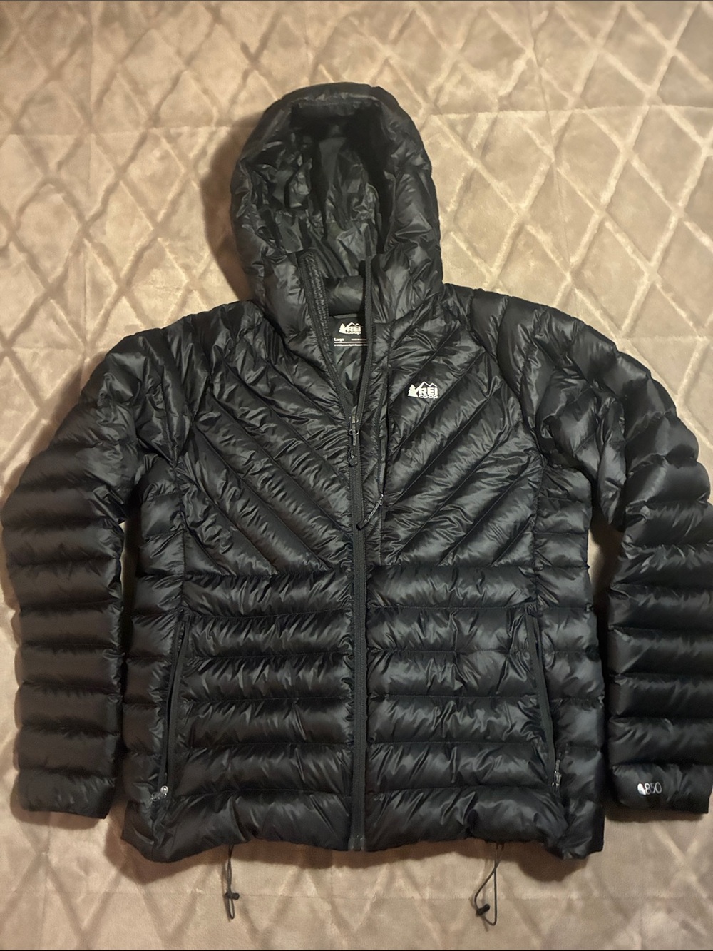 REI Women’s Magma 850 Black Packable Quilted Hooded Puffer Jacket Size Large